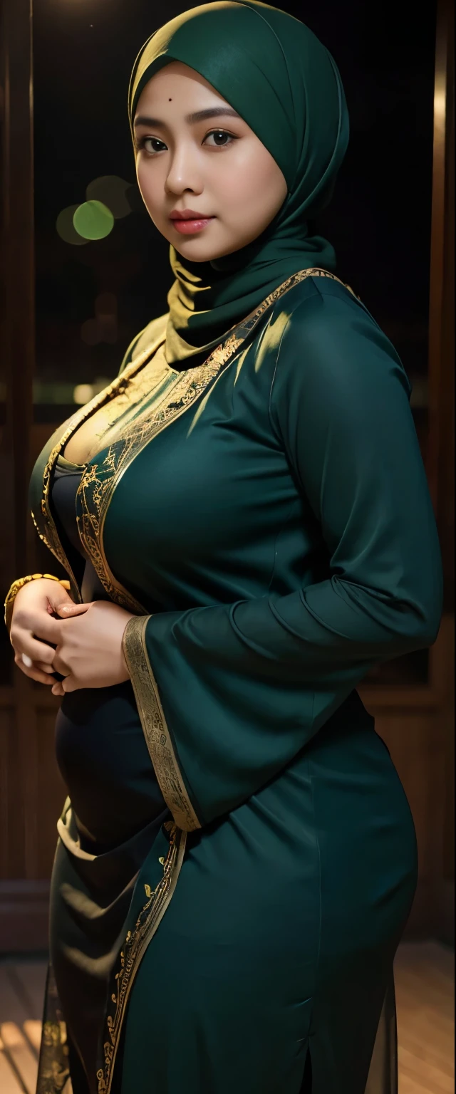 1 malay girl, modern plain hijab, shy, medium portrait, watery eyes, wearing dark green kebaya, ((big breasts)), black bokeh background, well-proportioned body,, chubby massive thighs, full body pose, Hena art on the body, hena art on face, slightly fat body 