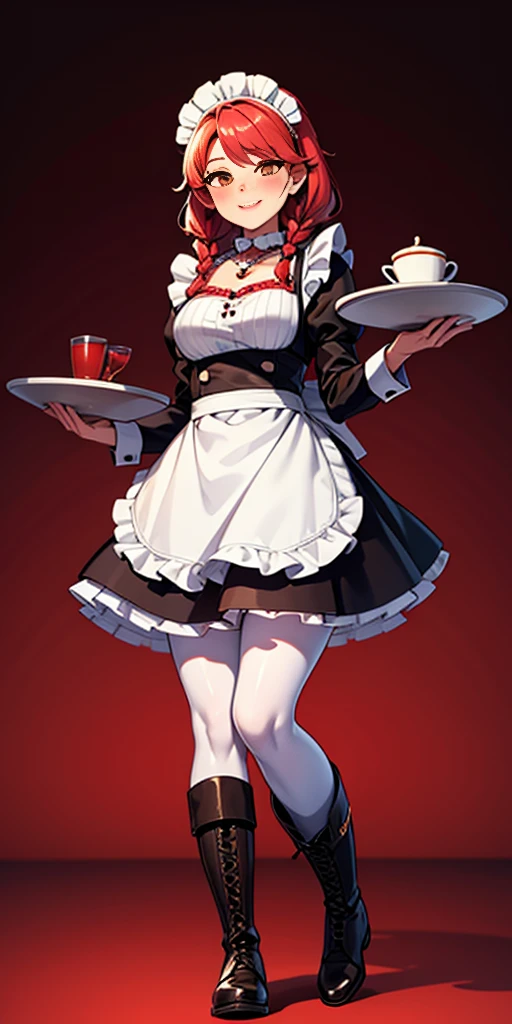 (masterpiece, plain background) full body standing straight symmetrical, lustful smirking smile face red blush red cheeks, looking at viewer, view from below, holding tray empty, 2braids, maid headdress, pearl necklace heart shaped, maid, dress, white apron, long sleeves, brown pantyhose, long leather military boots, thighs, long hair, roxanne dog fluffy ears