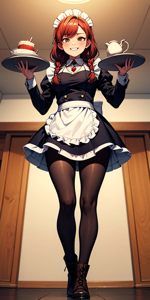 (masterpiece, plain background) full body standing straight symmetrical, lustful smirking smile face red blush red cheeks, looking at viewer, view from below, holding tray empty, 2braids, maid headdress, pearl necklace heart shaped, maid, dress, white apron, long sleeves, brown pantyhose, long leather military boots, thighs, long hair, roxanne dog fluffy ears