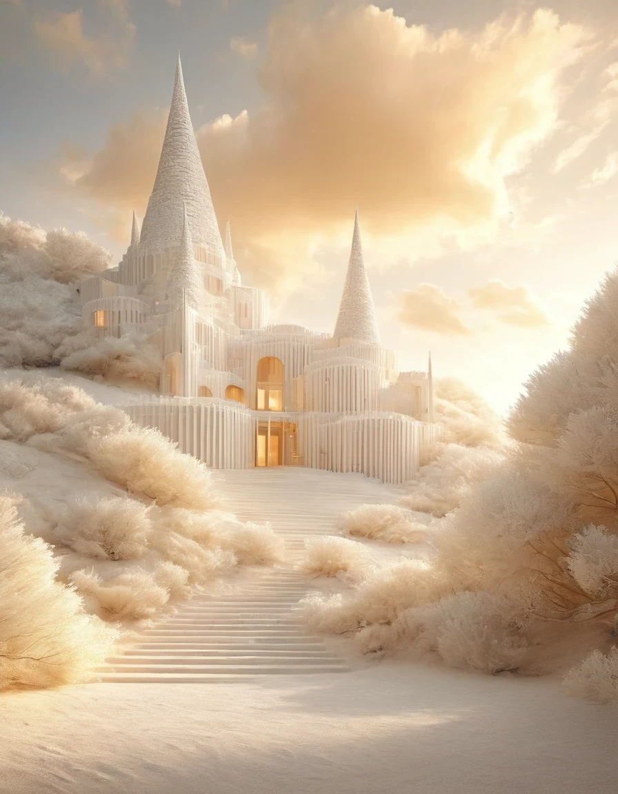 surrealism art style of (the only white dream castle on the cliffs),(minimalist composition), clouds,(Cinema4D rendering style),(high resolution photography),,by Peter Zumthor,by Zaha Hadid,by Antoni Gaudi,by Frank Gehry,Dreamy Atmosphere,high detail,hyper quality,high resolution,trending on artstation,surrealism,16K,Virgo, ♍︎,Cancer, ♋︎,Pisces, ♓︎,Egyptian Faience,Installation Art,Lath Art,Land Art,Light Painting,telephoto lens,Bottom view,beautiful lighting,