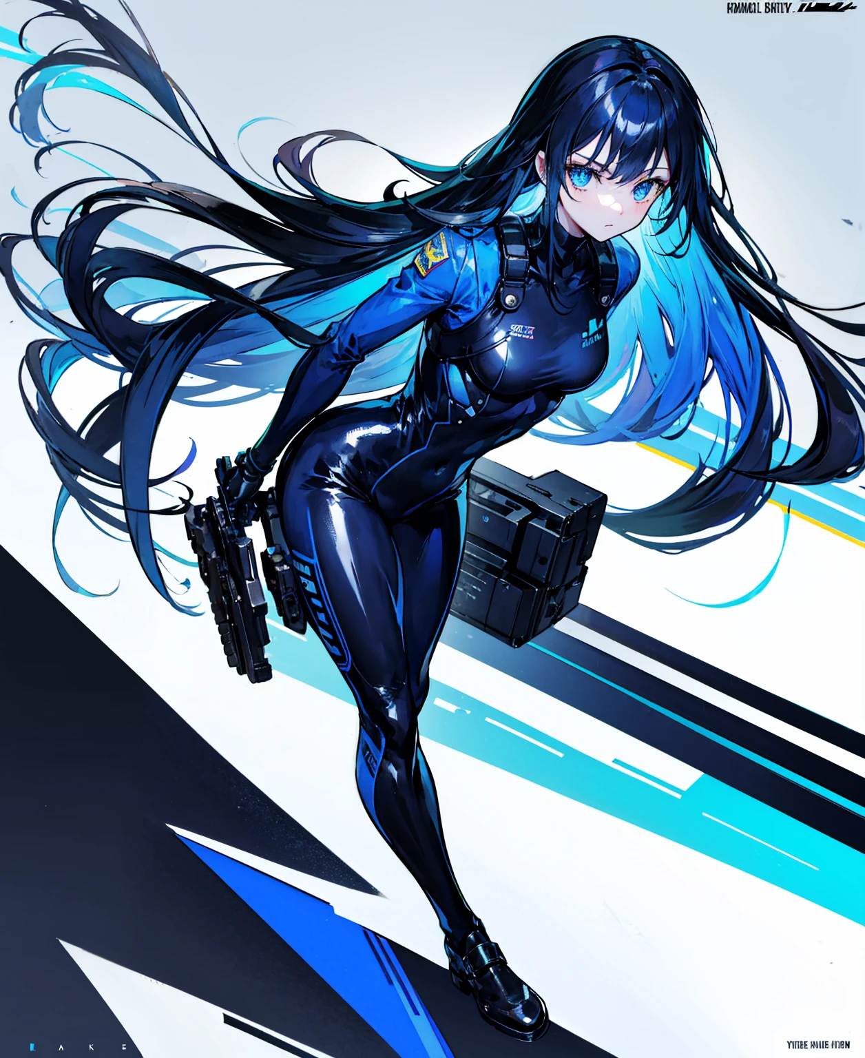 There is no background,girl,Carry a firearm,Patent leather tight suit,Use of firearms,Navy blue long hair,attention arousal,Blue colored eyes,No gradients