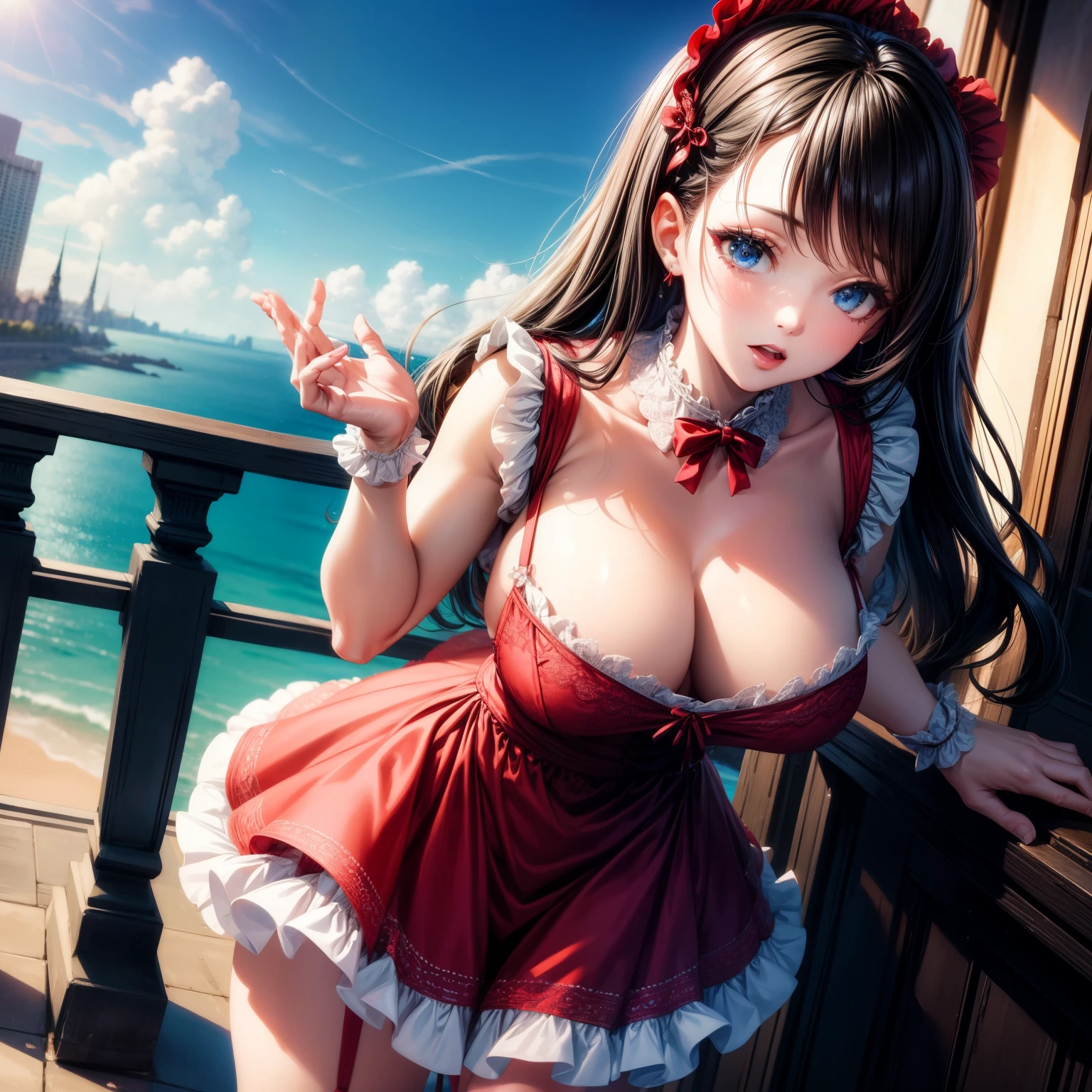 （8k ，Super detailed，The best masterpiece，Nature，Perfect work of art，Perfect female body），Clear skies，standing on top of the building，Looking at the bright sky，Two sexy busty wives ，Red lace ****ta dress，Moiré Mini Dress，Sexy fashion babes，Black suspenders，