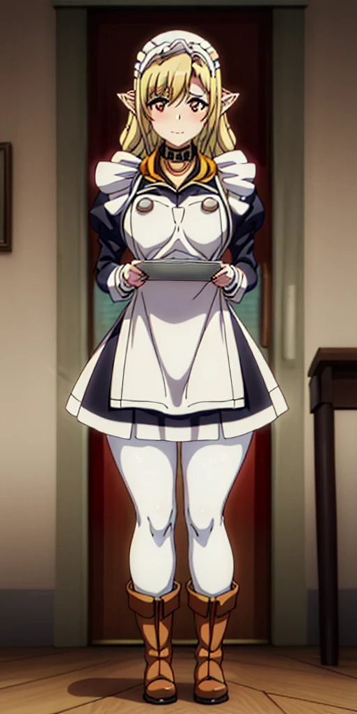 (masterpiece, plain background) full body standing straight symmetrical, lustful smirking smile face red blush red cheeks, looking at viewer, view from below, holding tray empty, 2braids, maid headdress, pearl necklace heart shaped, maid, dress, white apron, long sleeves, brown pantyhose, long leather military boots, thighs, long hair, roxanne dog fluffy ears