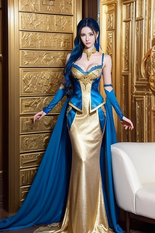 Full-body portrait of a tall woman in her 30s, Has blue eyes and sea-blue hair, Wearing a blue and black Victorian ball gown, The blue-eyed empress, Female Swordsman, Chinese Princess, Standing in a Chinese temple, New costume concept design, Blade and Soul Style, Full body character concept, detailed character design, Inspired by Yang Jing, Inspired by Li Mei-shu, Moon themed costume, Outfit with gold accents, Inspired by Ju Lian, colored concept art, highly detailed character design, Highly detailed face, Inspired by Ai Xuan, very Highly detailed face, Unreal Engine Rendering, Final Fantasy 14 Style