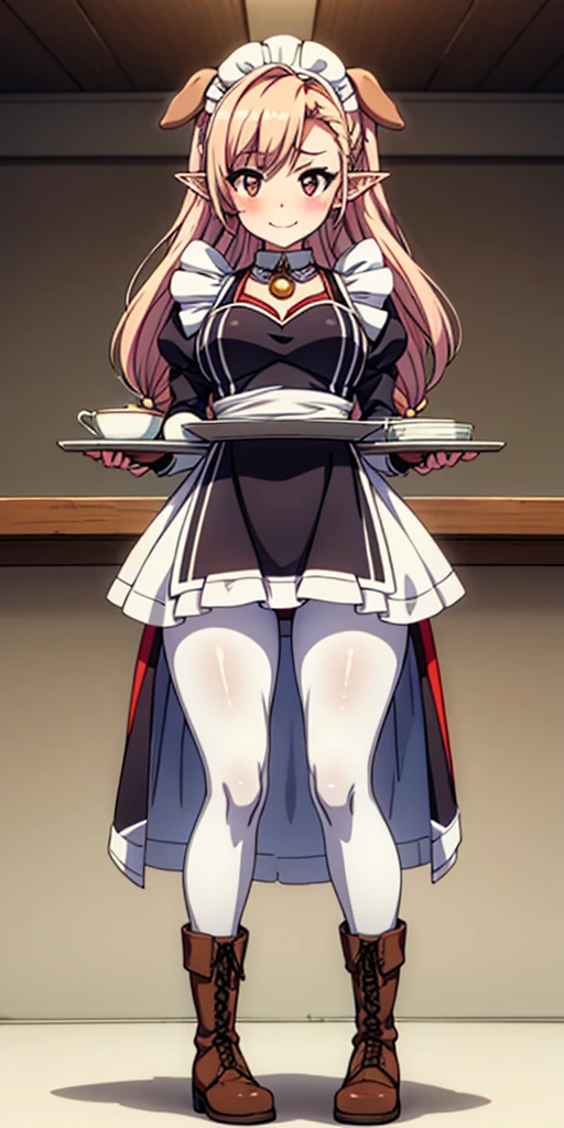 (masterpiece, plain background) full body standing straight symmetrical, lustful smirking smile face red blush red cheeks, looking at viewer, view from below, holding tray empty, 2braids, maid headdress, pearl necklace heart shaped, maid, dress, white apron, long sleeves, brown pantyhose, long leather military boots, thighs, long hair, roxanne dog fluffy ears