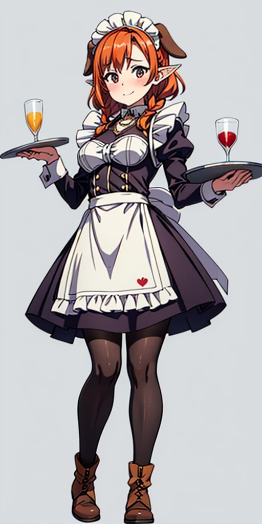 (masterpiece, plain background) full body standing straight symmetrical, lustful smirking smile face red blush red cheeks, looking at viewer, view from below, holding tray empty, 2braids, maid headdress, pearl necklace heart shaped, maid, dress, white apron, long sleeves, brown pantyhose, long leather military boots, thighs, long hair, roxanne dog fluffy ears