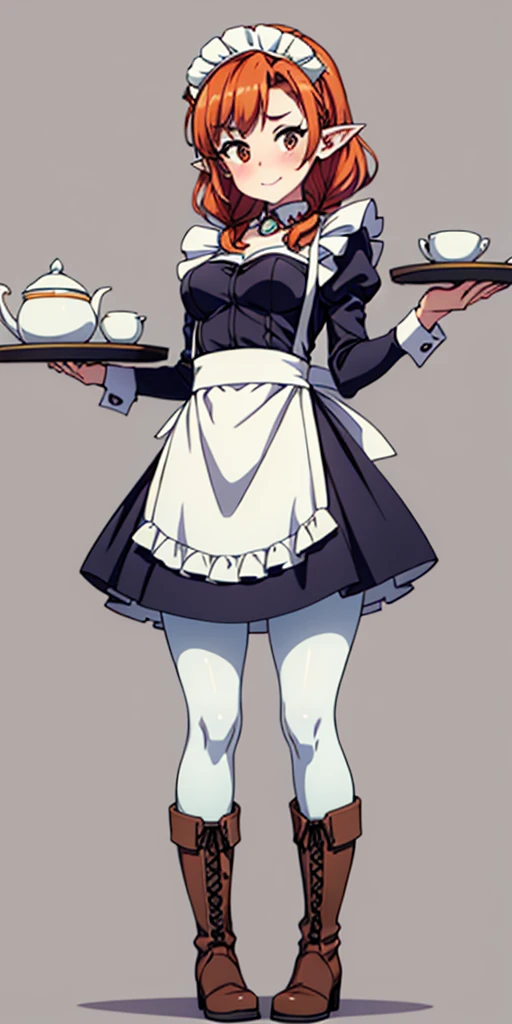 (masterpiece, plain background) full body standing straight symmetrical, lustful smirking smile face red blush red cheeks, looking at viewer, view from below, holding tray empty, 2braids, maid headdress, pearl necklace heart shaped, maid, dress, white apron, long sleeves, brown pantyhose, long leather military boots, thighs, long hair, roxanne dog fluffy ears