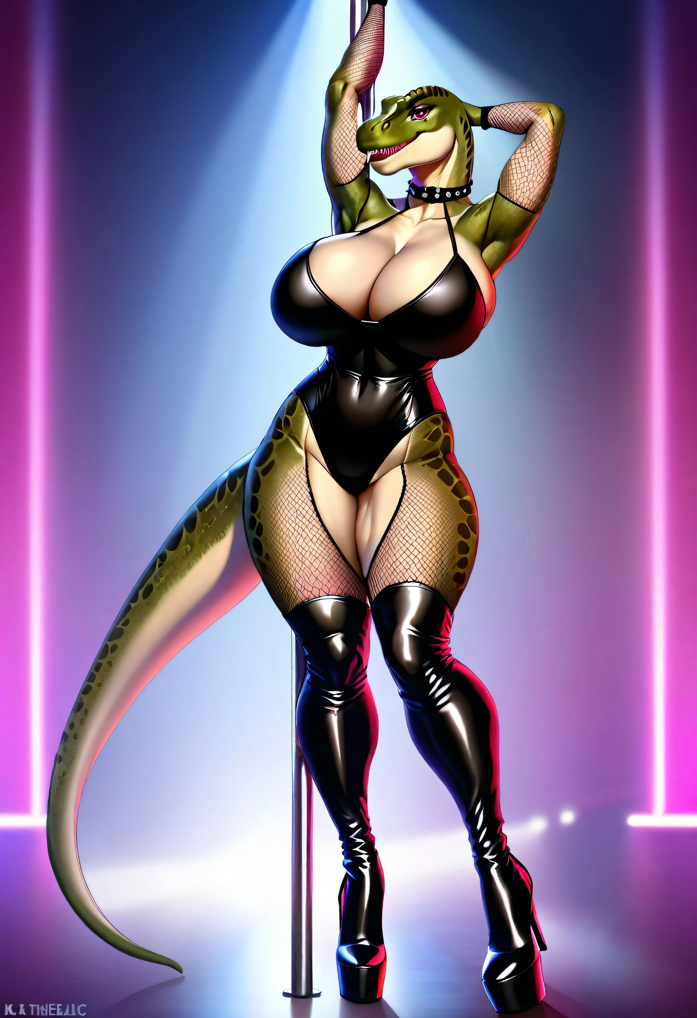 4k highly detailed realistic digital extremely high quality drawing, masterpiece, (by keeltheequine), (uploaded on e621), (a full-body portrait of a female anthro tyrannosaurus_rex), ((pole dancing in a stripclub)), ((wearing a collar, fishnet bodysuit, high heel boots)), (beautiful and detailed eyes:1.1), scales, seductive, sexy, voluptuous, curvy body, hourglass figure, large breasts, muscles, cinematic lighting, (f1.8 short focus bokeh)