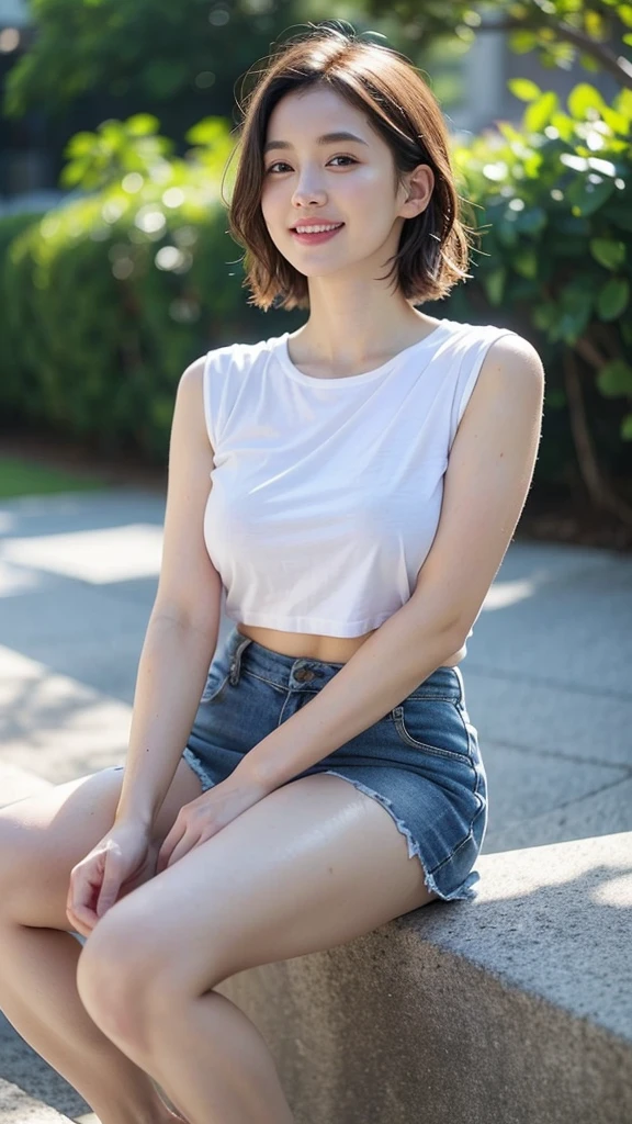 Japan Beauty,High Teenager,A short-sleeved white blouse with a light blue bra showing through her small breasts.,full body photo walking,Beautiful legs in a fluttering red miniskirt,Straight in front photo,a smile,lean body,small bust,Small breasts,Small,small tits,big breasts thin waist,Larger hips,Thick thighs,White sandals,Bob cut hair,a little brown hair,beach,sand beach