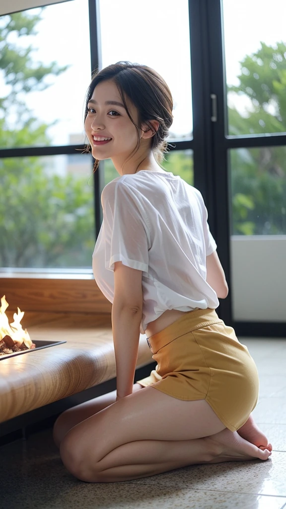 (Official Art、highest quality、Unity 8K Wallpaper、32k、masterpiece、Ultra-detailed、超A high resolution、Realistic、Photorealistic:1.2)、(Natural soft light:1.2)、Fire Glow Effect、Film Grain、Best Shadow、Rim lighting、Side light、Side Shot、(Highly detailed and complex 3D rendering)、詳細なBeautiful Faceと目、Sharp pupils、Realistic生徒、Full Body, Sandy Beach、Beautiful Face、Blurred Background、18 year old beautiful girl、Glowing Skin、Beautiful wet black hair、I pulled up my wet shirt、Wet Check Mini Skirt、(Thighs Thighs Thighs:0.9)、barefoot、curve、Dynamic pose、Open mouth smile、Two Girls、Big body、Fat body、Short Hair
