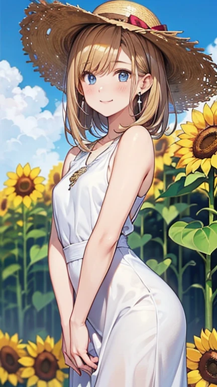 ((highest quality)), ((masterpiece)), (Very detailed), (Very high resolution), 4k, Anime 2D Rendering, Realistic, 
One Girl:1.5, 
BREAK Symmetrical Face:1.4, Perfect Face, Beautiful clavicle, Beautiful fingers, Beautiful breasts, (Slightly smaller chest), 
Beautiful body, Beautiful thighs, Beautiful feet, Perfect round butt, (Detailed skin), Beautiful white skin:1.5, Shiny skin:1.4, 
BREAK Baby Face, cute, 18-year-old, 
Double eyelids, Natural eyebrows, 
(Slanted Eyes), Beautiful and delicate eyes, Sparkling eyes, (Dark blue eyes), 
Glossy mouth, 
BREAK Beautiful Hair, Shiny Hair, Hair fluttering, bangs, (Blonde), Long Straight Hair:1.5, 
BREAK 

(White sleeveless long dress:1.4)、(White mule), ((Straw hat)), Earrings、Silver Necklace、
BREAK 

(cheerful, enjoy), Cowboy Shot, sunlight, ((blue sky, Sunflower field)), Turn your face and body towards me
