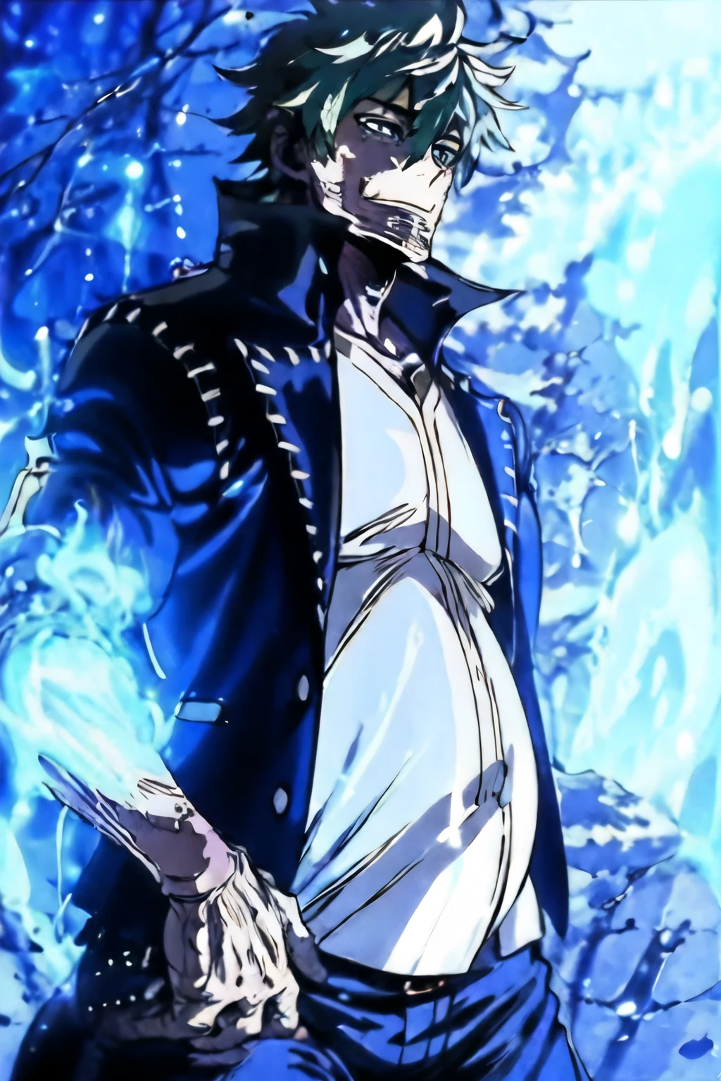 (DabiMHA, blue flame),(masterpiece, top quality, best quality, official art, beautiful and aesthetic:1.2), (1 man), extreme detailed, colorful, highest detailed, cowboy shot, from BELOW,male, masterpiece, (portrait), ((Male pregnancy)), Mpreg, Male pregnancy