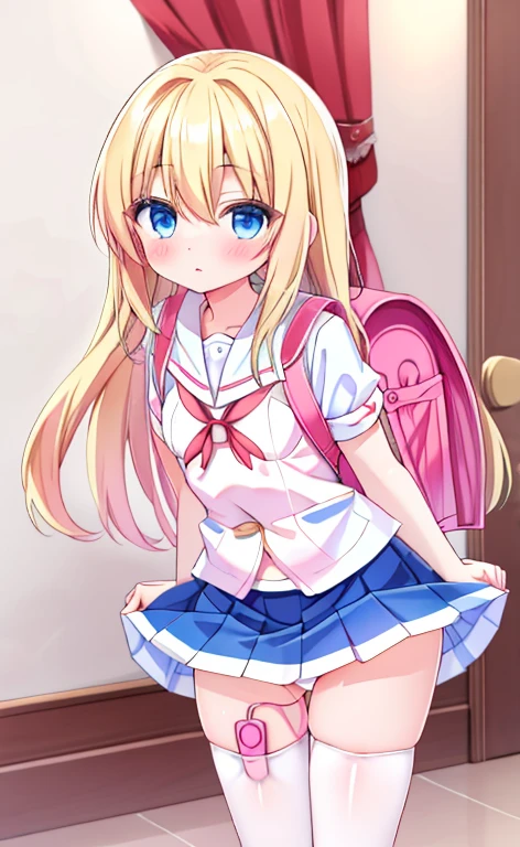 Beautiful long blonde hair　Shyness　blue eyes　　Watery eye　White panties　Girl in a sailor suit　Pleated skirt　mini skirt　vibrator in thighhighs　thighvibe　Hold your crotch with both hands　carrying randoseru backpack　Small breasts　In the crowd