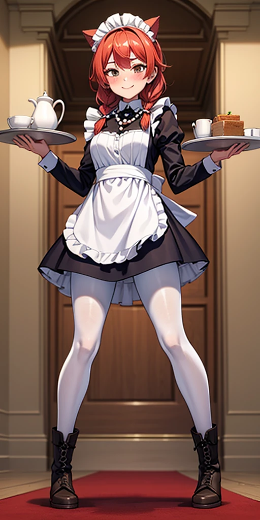 (masterpiece, plain background) full body standing straight symmetrical, lustful smirking smile face red blush red cheeks, looking at viewer, view from below, holding tray empty, 2braids, maid headdress, pearl necklace heart shaped, maid, dress, white apron, long sleeves, brown pantyhose, long leather military boots, thighs, long hair, roxanne dog fluffy ears