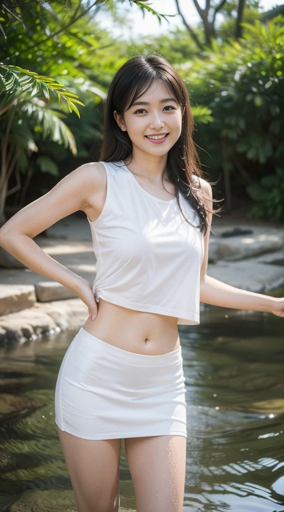 (Official Art、highest quality、Unity 8K Wallpaper、32k、masterpiece、Ultra-detailed、超A high resolution、Realistic、Photorealistic:1.2)、(Natural soft light:1.2)、Fire Glow Effect、Film Grain、Best Shadow、Rim lighting、Side light、Side Shot、(Highly detailed and complex 3D rendering)、詳細なBeautiful Faceと目、Sharp pupils、Realistic生徒、Full Body, Sandy Beach、Beautiful Face、Blurred Background、18 year old beautiful girl、Glowing Skin、Beautiful wet black hair、I pulled up my wet shirt、White wet check mini skirt、(Thighs Thighs Thighs:0.9)、barefoot、curve、Dynamic pose、Open mouth smile、Two Girls、Are standing、、((Big body、fat))、smile、dancing、
