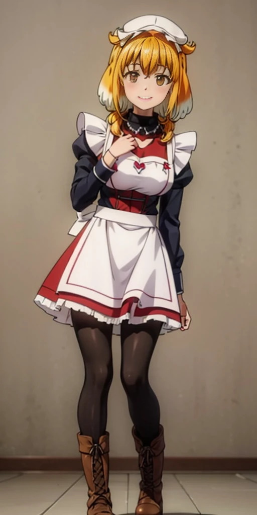 (masterpiece, plain background) full body standing straight symmetrical, lustful smirking smile face red blush red cheeks, looking at viewer, view from below, holding tray empty, 2braids, maid headdress, pearl necklace heart shaped, maid, dress, white apron, long sleeves, brown pantyhose, long leather military boots, thighs, long hair, roxanne dog fluffy ears