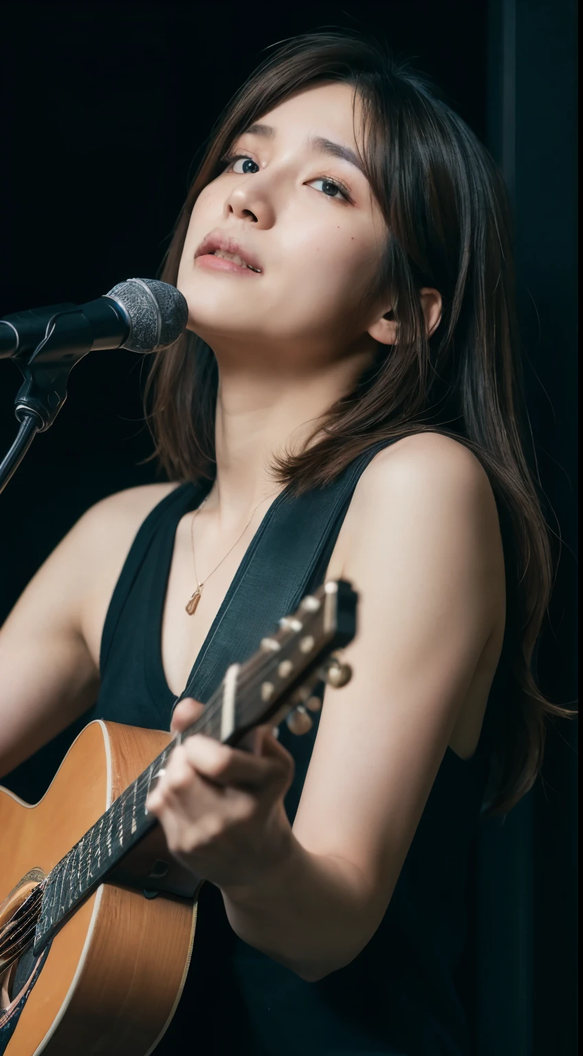 A very cute girl like an idol, Portraiture, Completely naked,guitar, Full body portrait, Natural light, Accurate, Anatomically correct, Textured skin, front lighting, f/1.0mm, fujifilm G FX 50R, Regina Display, Super Detail, 細部まinこだわった, high quality, 最high quality, High resolution, 1080p, hard disk, 4K, 8k, Wavy Hair, guitarヒロイン, Let's Rock, Completely nakedのソロ歌手,(look up_in_Audience:1.2),