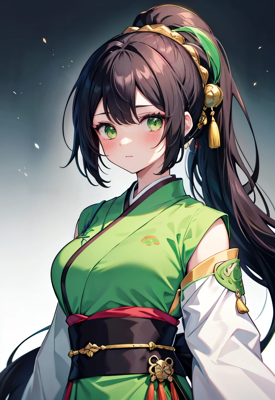 black hair，Green eyes，Long hair，High Ponytail，Green Hanfu，blush，Turn off the silver screen（Three Kingdoms）Large Breasts