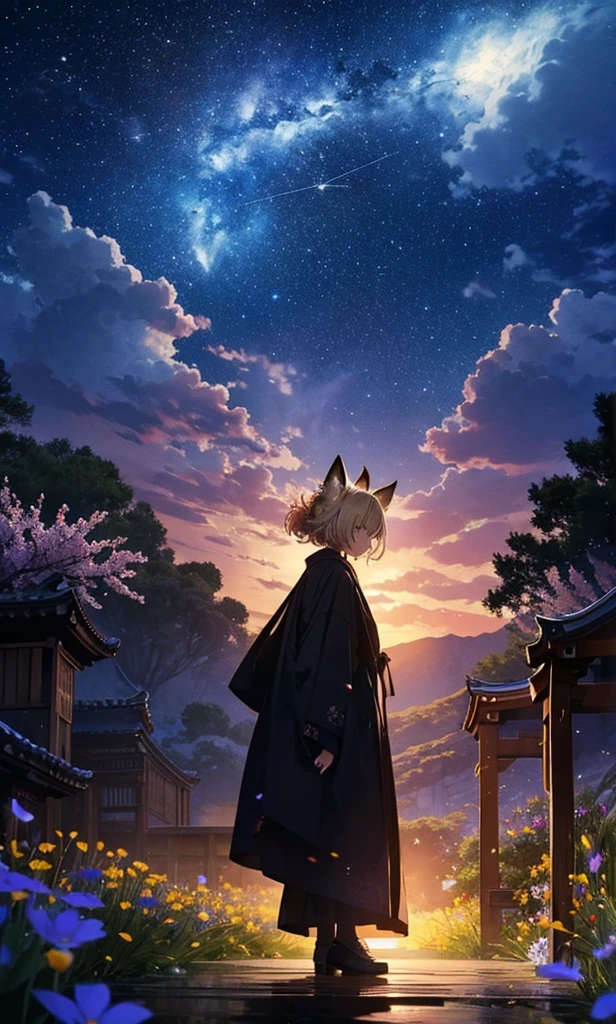 1people々々々々々々々々々々々々々々々々々々々,Woman with medium length blonde hair,Fox Ears,Long coat,Takageta, Dress Silhouette, Rear View,Space Sky, Flower Field,Colorful flowers,Dancing Petals,full moon,shrine,