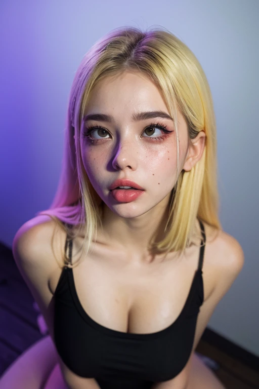 (ultra realistic),Photo, high quality, Analog Photography Ahegao , (low lighting), (neon atmosphere) light background ,portrait of a girl, Ahegao, blonde,chölka, view from above, detailed eyes,