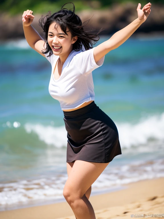 (Official Art、highest quality、Unity 8K Wallpaper、32k、masterpiece、Ultra-detailed、超A high resolution、Realistic、Photorealistic:1.2)、(Natural soft light:1.2)、Fire Glow Effect、Film Grain、Best Shadow、Rim lighting、Side light、Side Shot、(Highly detailed and complex 3D rendering)、詳細なBeautiful Faceと目、Sharp pupils、Realistic生徒、Full Body, Sandy Beach、Beautiful Face、Blurred Background、18 year old beautiful girl、Glowing Skin、Beautiful wet black hair、I pulled up my wet shirt、Wet Check Mini Skirt、(Thighs Thighs Thighs:0.9)、barefoot、curve、Dynamic pose、Open mouth smile、Two Girls、smile