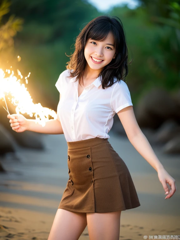 (Official Art、highest quality、Unity 8K Wallpaper、32k、masterpiece、Ultra-detailed、超A high resolution、Realistic、Photorealistic:1.2)、(Natural soft light:1.2)、Fire Glow Effect、Film Grain、Best Shadow、Rim lighting、Side light、Side Shot、(Highly detailed and complex 3D rendering)、詳細なBeautiful Faceと目、Sharp pupils、Realistic生徒、Full Body, Sandy Beach、Beautiful Face、Blurred Background、18 year old beautiful girl、Glowing Skin、Beautiful wet black hair、I pulled up my wet shirt、Wet Check Mini Skirt、(Thighs Thighs Thighs:0.9)、barefoot、curve、Dynamic pose、Open mouth smile、Two Girls、smile