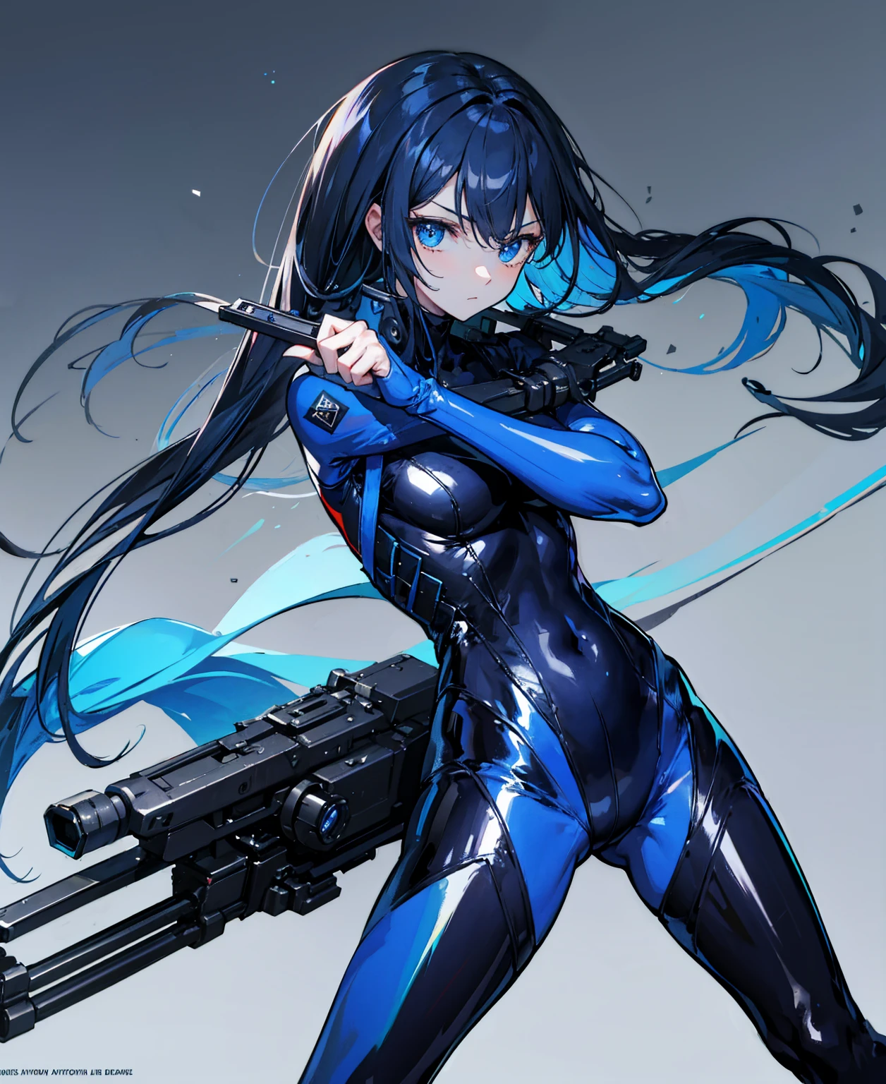 There is no background,girl,Carry a firearm,Patent leather tight suit,Use of firearms,Navy blue long hair,attention arousal,Blue colored eyes,No gradients