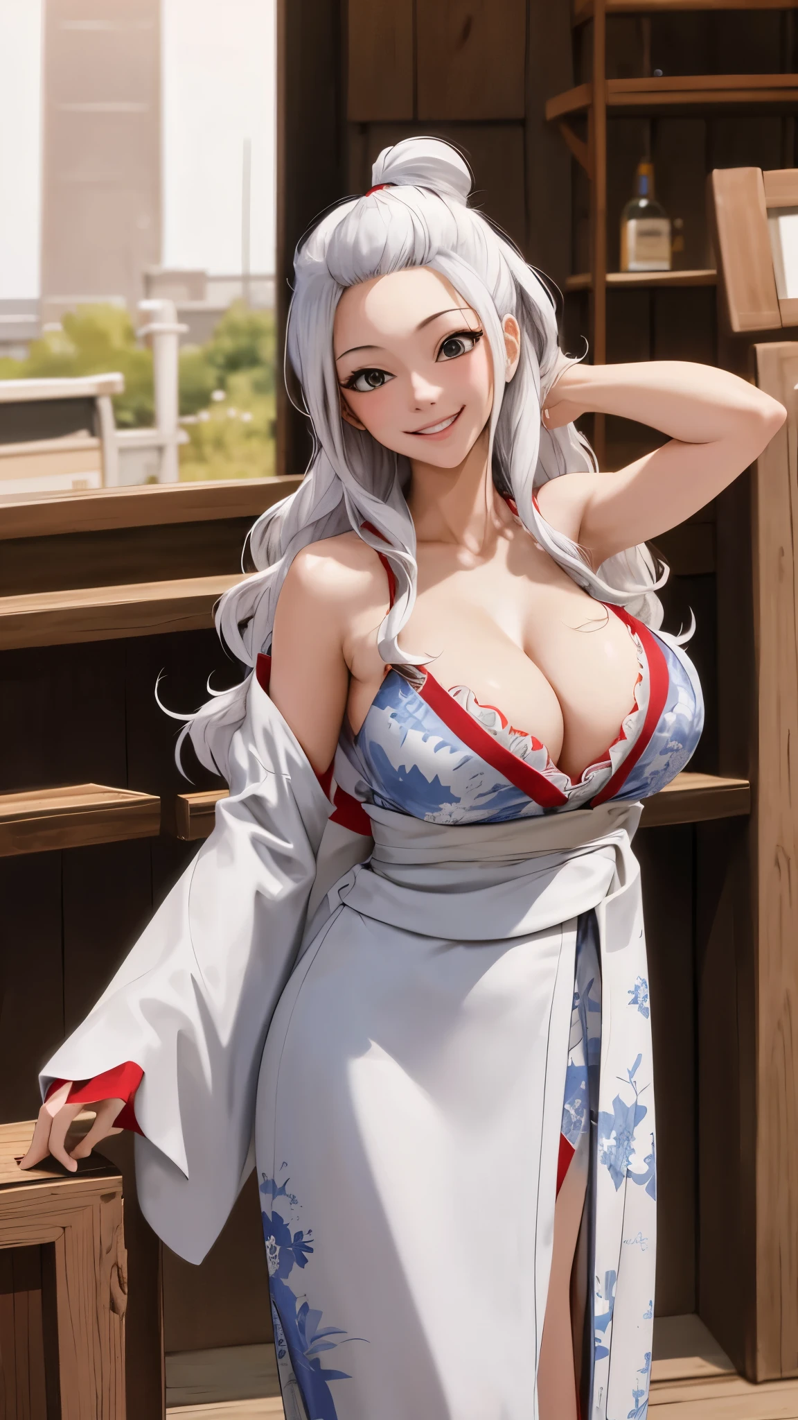 , masterpiece, best quality, high definition, Amira, long hair, bangs pinned back, bun, big breakimono, cowboy shot, standing, outdoors, bar, smile, shy, shy smile,