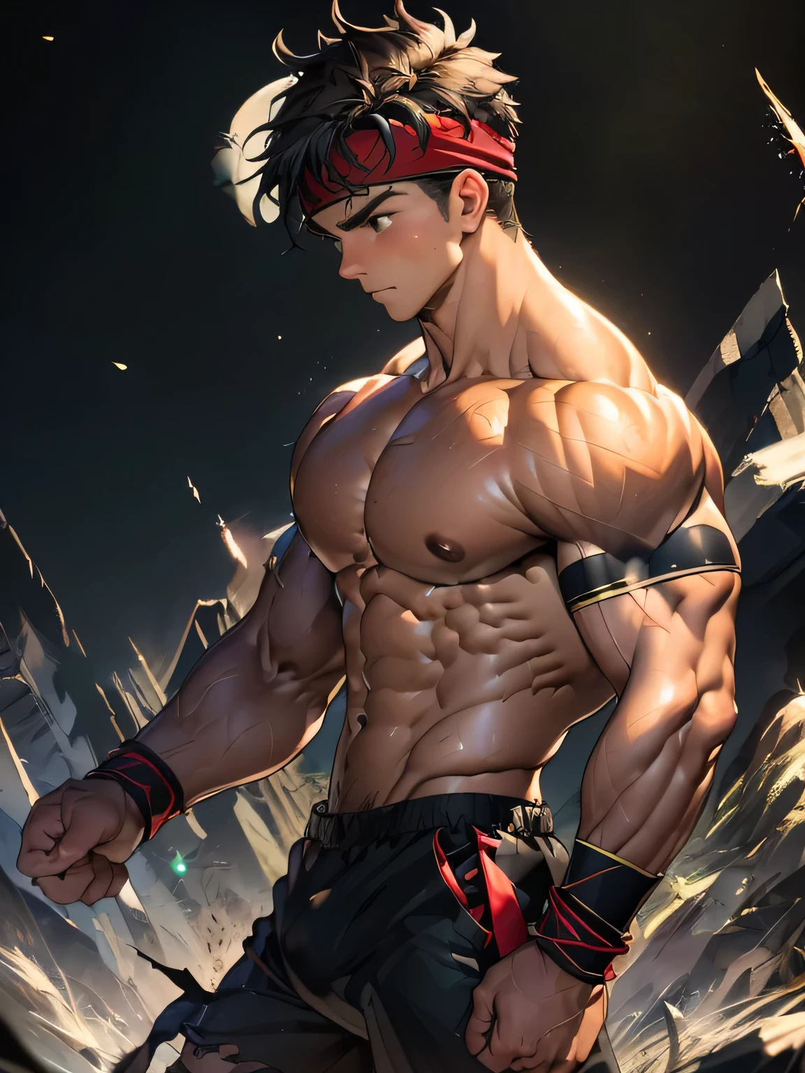 (Masterpiece, Best quality 19 year old boy, black background, bust shot, shoot from side, looking away), solo, Young, boy, muscler, Shirtless, topless, (Dark Short straight hair, under cut, brown eyes), (torn clothes, red headband, ((black wristband))), Vivid colors, (hot Abs:1.2, abs!, big abs, big breast:1.2, chest!, muscler upper arms), (topless male), muscler!, muscler, muscler body, (aura power:1.4), detailed face, detailed muscle, (((A magical mystical aura, rippling muscles, fighting pose, running)))