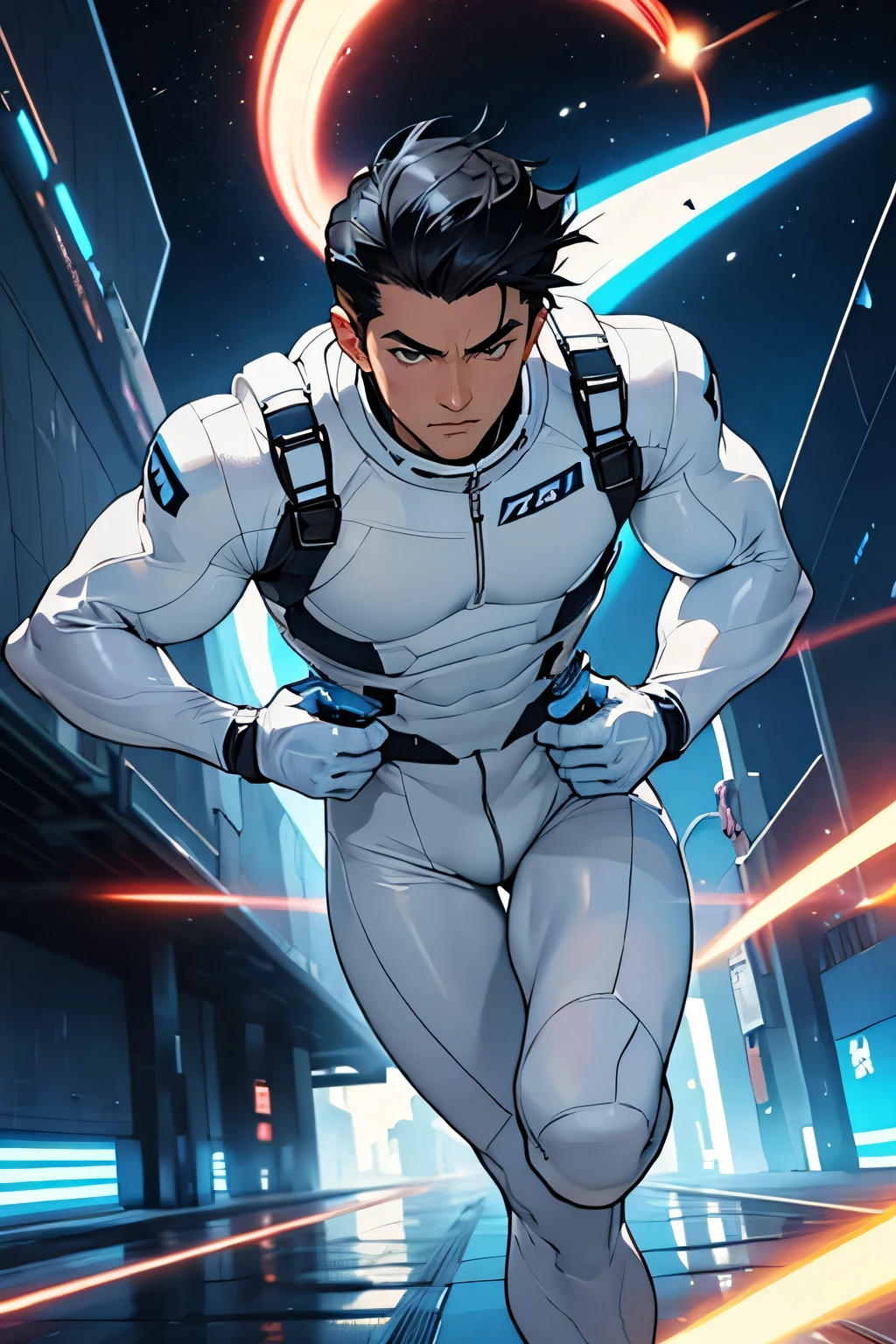 Handsome Men　Black hair, shaved, Japanese, 22 years old　A tight white and blue rubber suit　　Science fiction　Futuristic tight rubber suit　　Run at full speed　White handbag　emergency　Short Hair　Looking at the camera while running　The background is space　　Run at full speed　White handbag　The man has nothing in his hands