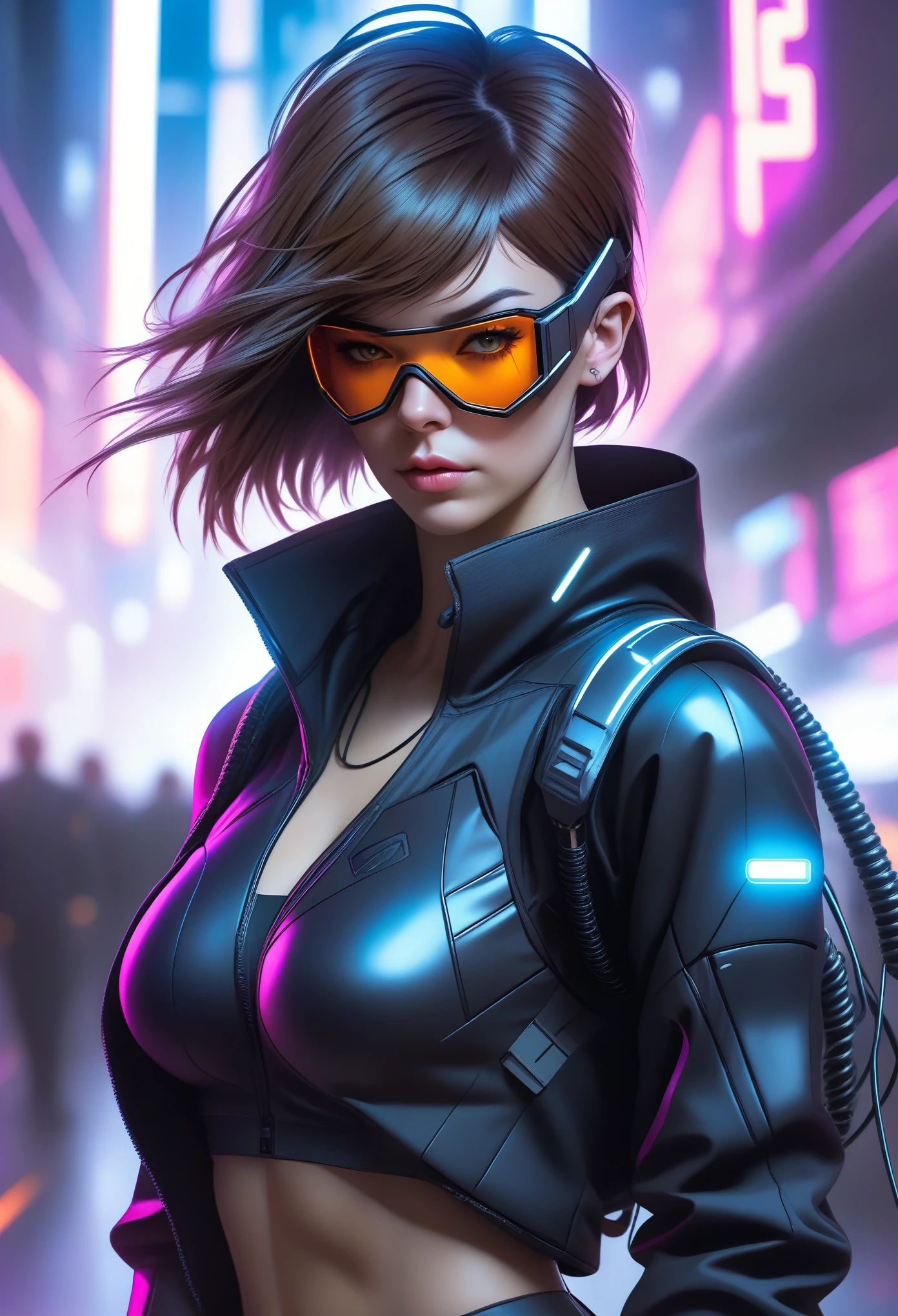 Techwear fashion in the style of artgerm, Cyberpunk Style, 1woman, Velma, cyberpunk clothing, female focus, cyberpunk background, robot, science fiction, solo, full body, wires and cables, . Futuristic, cyberpunk, urban, tactical, sleek, dark, highly detailed  