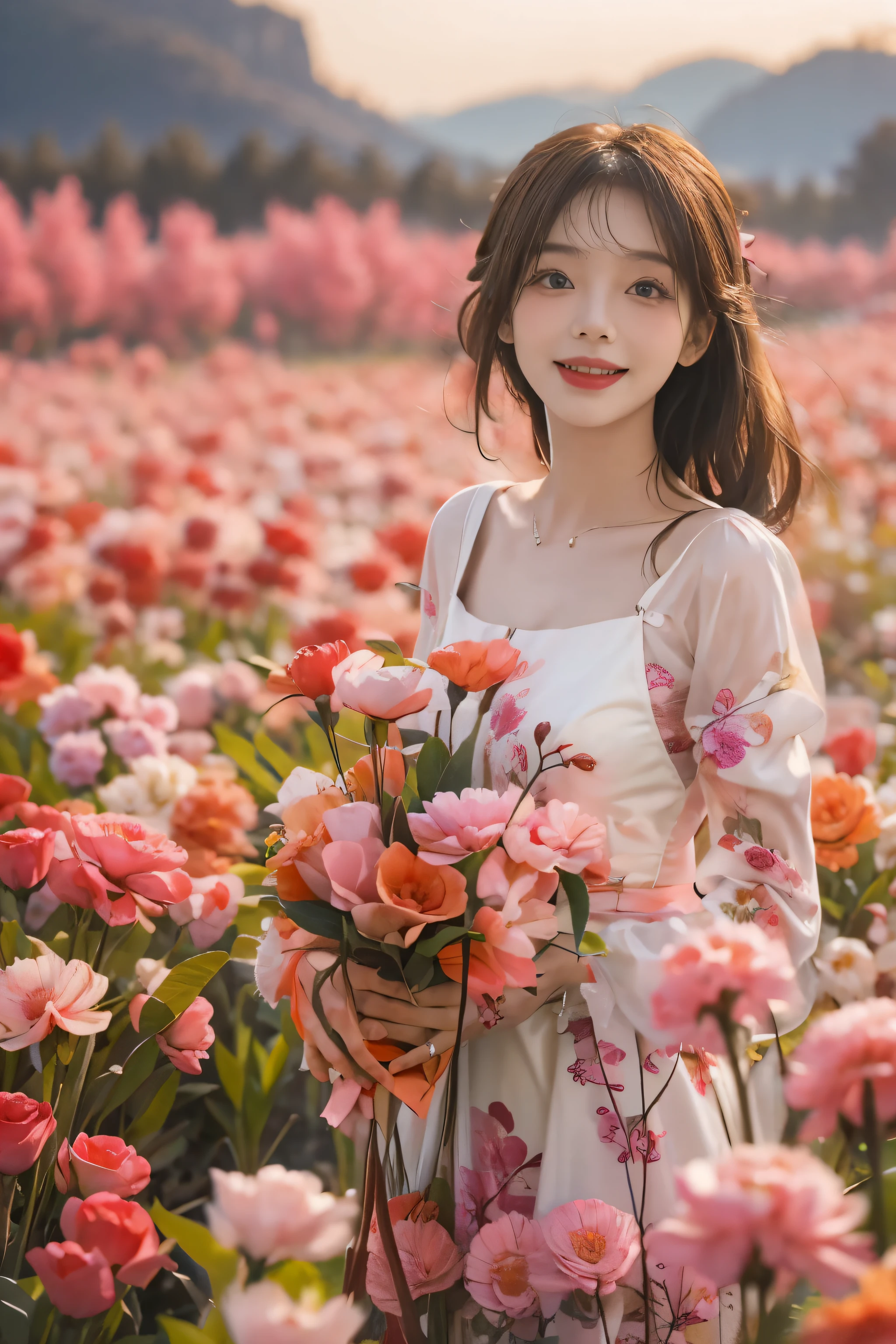 create fun images, A 28-year-old brunette woman with messy hair standing in a flower field. The background is a meadow of pink peach trees...。. The woman is smiling、holding a large bouquet of red carnations。..., she is wearing a white dress,extend it towards the viewer in a giving gesture. We will do our best to bring you a lively festival experience..。.!
