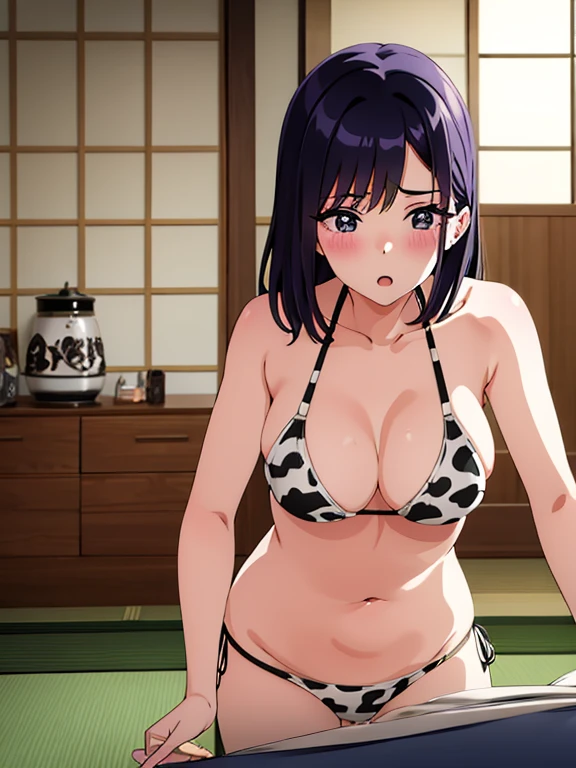 Kitagawa Marin wears a cow print bikini in a Japanese-style room and fights with a cow like an beast