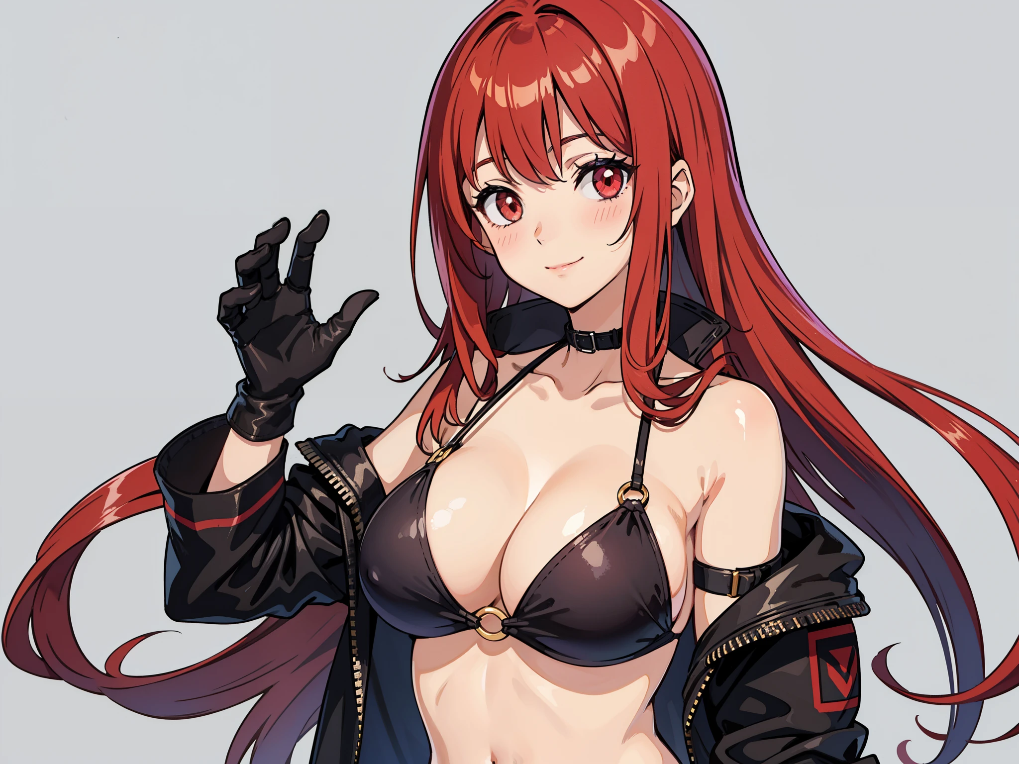 breasts, 1girl, gloves, long_hair, rating:safe, red_hair, black_gloves, red_eyes, large_breasts, elbow_gloves, navel, solo, looking_at_viewer, smile, cleavage, bangs, grey_background, bare_shoulders, closed_mouth, hair_intakes, upper_body, single_glove, simple_background, swimsuit, very_long_hair, black_bikini, o-ring, hand_up, blush, bikini