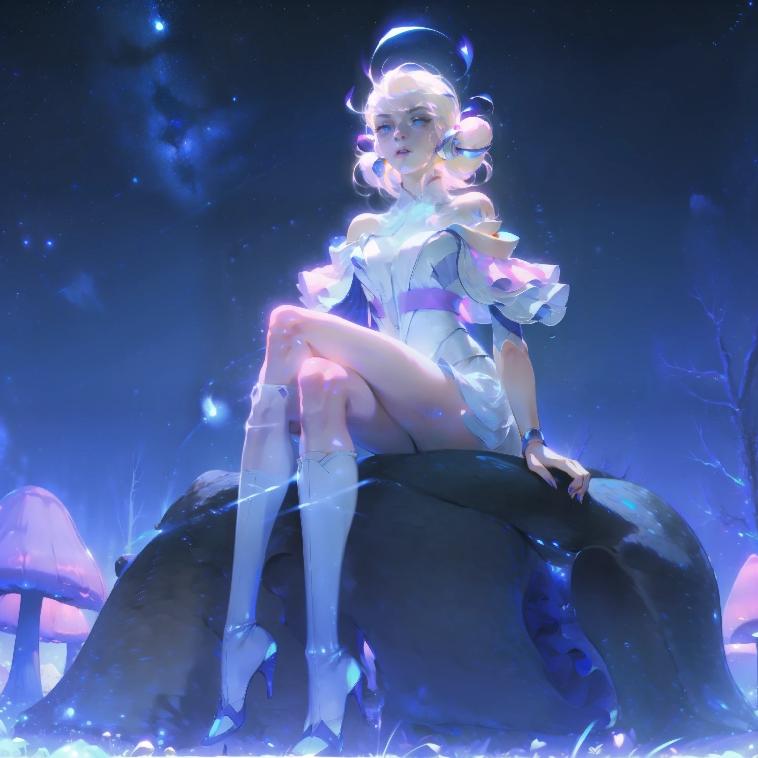 Anime girl with light blonde hair,With light blue eyes,Wearing a pink off-the-shoulder puff-sleeved dress and knee-high white boots,Sitting in the woods,Next to it is an orange mushroom,Surrounded by fireflies under the starry sky