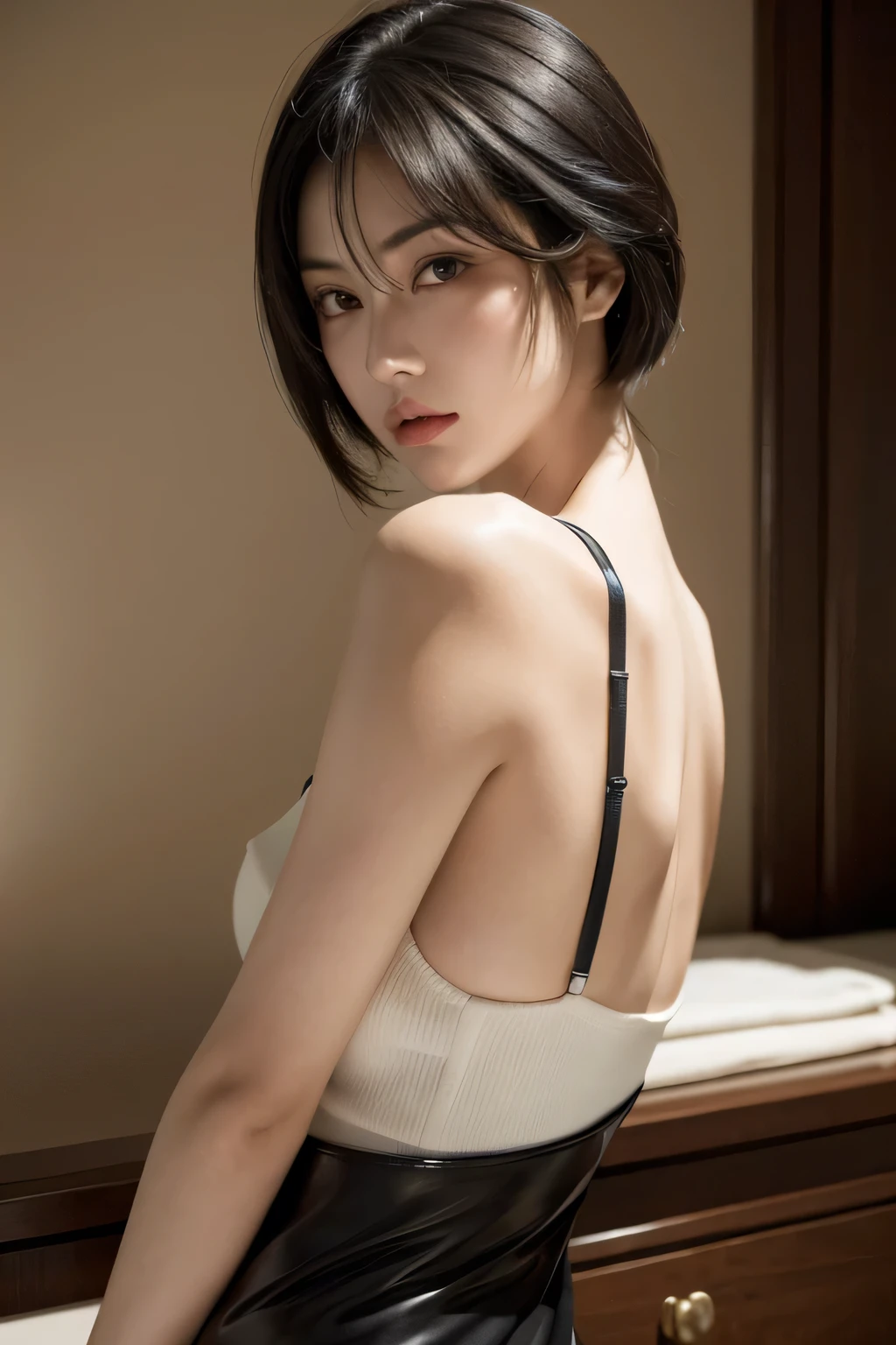 1 woman, jun kazama, short black hair, amber eyes, ((detailed eyes:1.2)), sexy, sensual, sleeveless, sideboob, masterpiece, top quality, best quality, official art, beautiful and aesthetic:1.2), extreme detailed, colorful, highest detailed