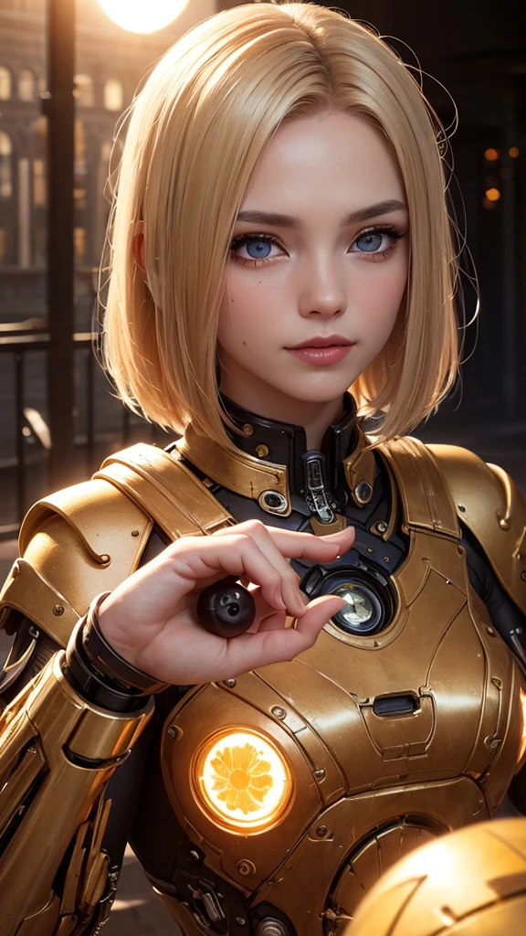 (Skin Dimples:1.5), Practical, Practical, (masterpiece:1.5), concept art, Intricate details, Very detailed, Practical, Octane Rendering, 8k, Unreal Engine, Dynamic poses, best quality, high resolution, (Practical face:1.1), (Surrealism:1.1), ((full_Body)), Perfect eyes, (有Light泽的皮肤: 1.2), (((hairstyle))), (((Perfect hands)) ), (Very detailed背景), ((Dynamic Background) ), ((sun)), (Light), ((1 girl)), nice, (((Shiny mechanical shapes))), ((Beautiful eyes, High quality eyes, High quality face shape)), (Very complicated clothes), blonde short hair, sun, sunLight, ((dramatic)), Astonishing, Depth of writing boundaries, Bokeh, 4K, Gothic, Ash, particle