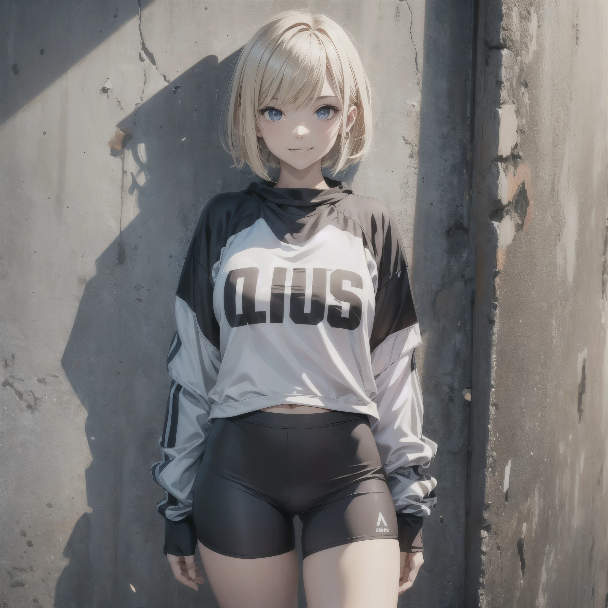 One 16 years old girl,full body,grin,Blonde Short bob hair,sports casual,oversized tops,six quarter spandex,