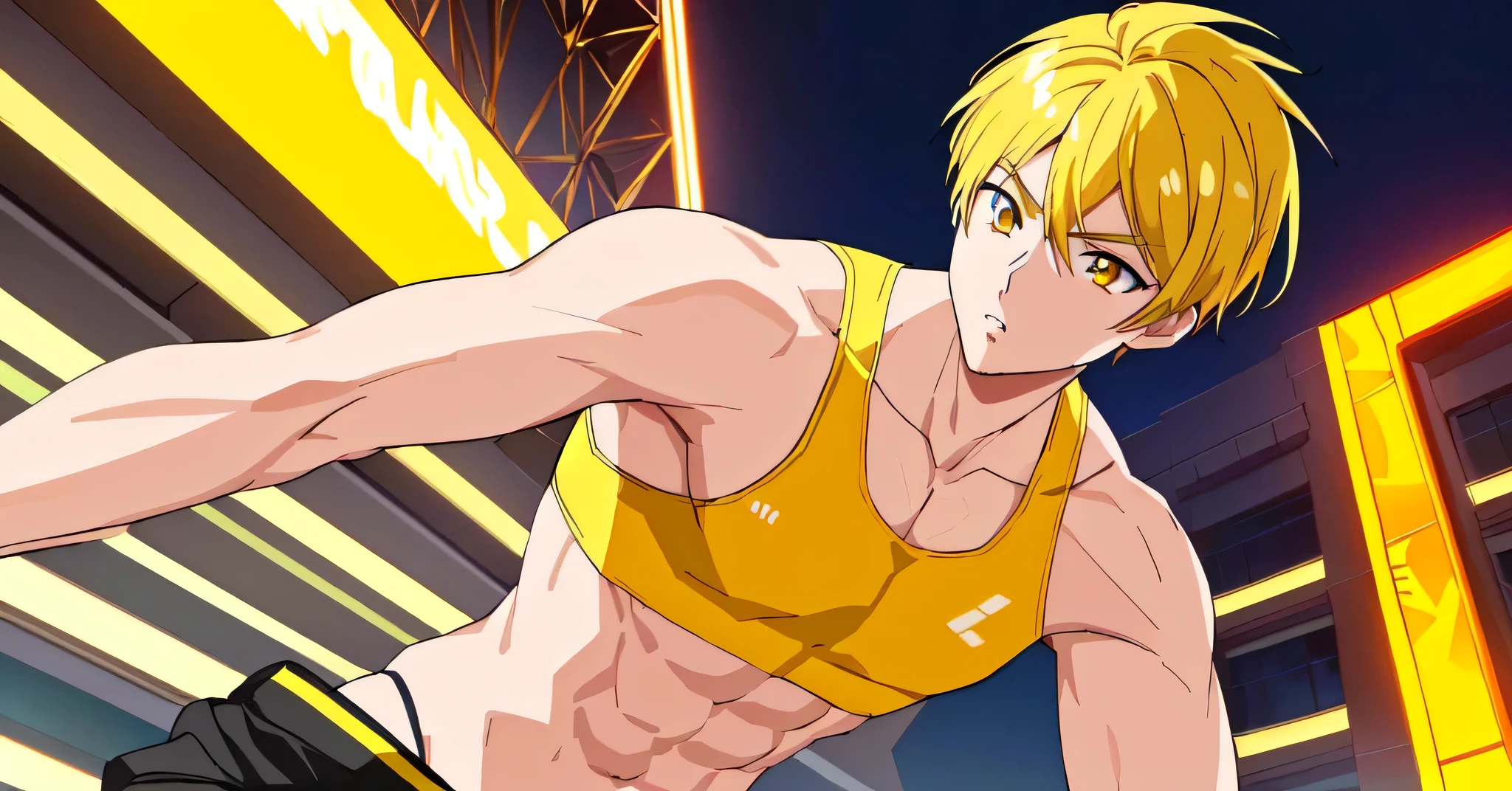 Anime boy with blonde hair and orange sports bra, in a neon city, looking like, solo, Wearing a yellow sports bra, short blonde boy, Yellow eyed boy, Also, Upper body only, Anime 8K, sports-bra with an orange, Anime boy standing, Cool anime boy visuals, Headquarters artwork, Mako, Male protagonist, , Anime Style」, Toned body, Perfect boy, Tall Boy,