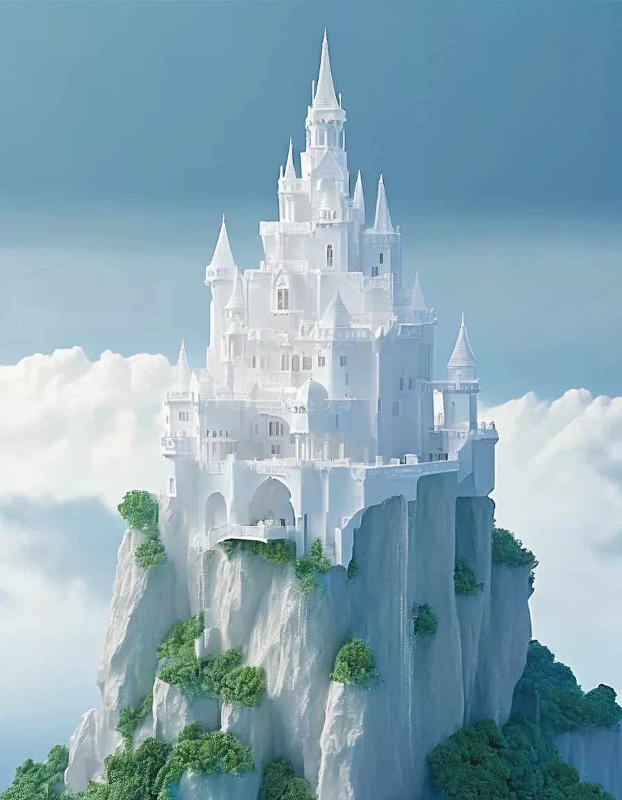 (A white dream castle on a high cliff face), (Minimalist composition), (Cloudy, rainy,)Blue backgroundLarge distant view, (surrealism), (clean background), (Cinema4D rendering style), (high resolution photography), (high resolution photography), (high resolution photography).