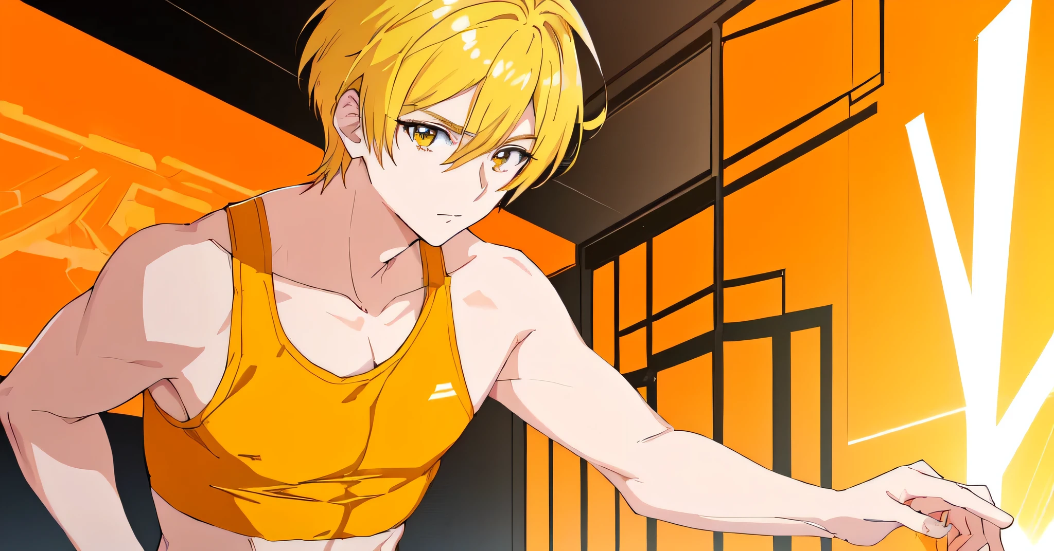 Anime boy with blonde hair and orange sports bra, in a neon city, looking like, solo, Wearing a yellow sports bra, short blonde boy, Yellow eyed boy, Also, Upper body only, Anime 8K, sports-bra with an orange, Anime boy standing, Cool anime boy visuals, Headquarters artwork, Mako, Male protagonist, , Anime Style」, Toned body, Perfect boy, Tall Boy,