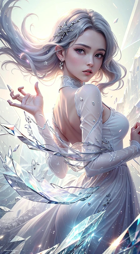 (masterpiece, top quality, the best, official art, Beautiful and beautiful, long term exposure: 1.2), Smooth movement, Charming Pattern, 1 girl, (long-sleeved dress: 1.3), (((White clothes) )), Upper Body close-up, Bare shoulders, Chinese Girl, blush, black lob hair, portrait, Solitary, Upper Body, Looking at the observer, Detailed background, Delicate face, (crystallized aluminum, Crystal Theme:1.1), Elemental Sylph, rotating wind, control wind, White crystal clothes, Dynamic poses, floating particles, ethereal dynamics, whirlwind, steam, whirlwind in the background, White tones, whirlwind, Ethereal atmosphere,