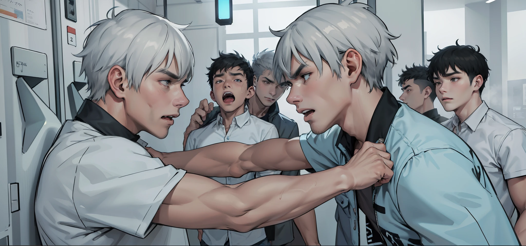 two gray haired 18 year old boys are angry
