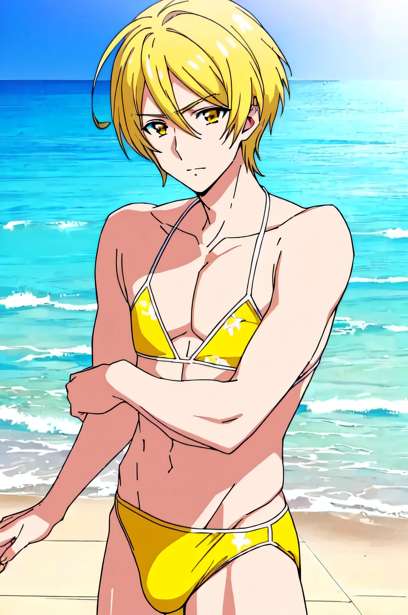 Anime boy in bikini on the beach, short blonde boy, Yellow eyed boy, solo, Realistic Bikini, cold, Attractive anime boy, Enchanting anime boy, clothing:Bikini Swimwear, Smooth anime CG art, Yellow Bikini, Best anime boy, bikini top with an yellow, bikini bottom with an yellow, Cool anime boys, Beautiful detailed anime art, | Fine detail animation, Beautiful portrait, in a triangle bikini, Boy in swimsuit, Beautiful anime boys, Toned body, Perfect boy, Tall Boy,
