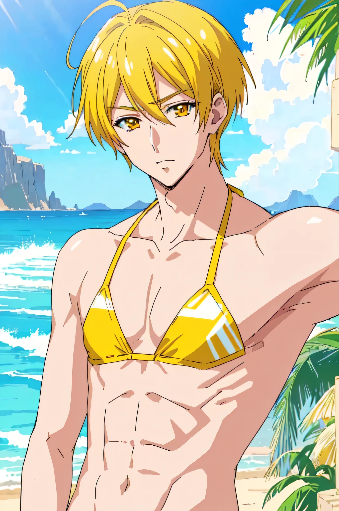 Highres, Masterpiece, Best quality at best,Best Quality,hight quality, hight detailed, Anime style, (boys), 1boy, Arthur Pendragon , (short body, slim body), (armpit), summer, hot day, sweat, view from front, (shirtless, topless, bare chest), sitting on a golden throne