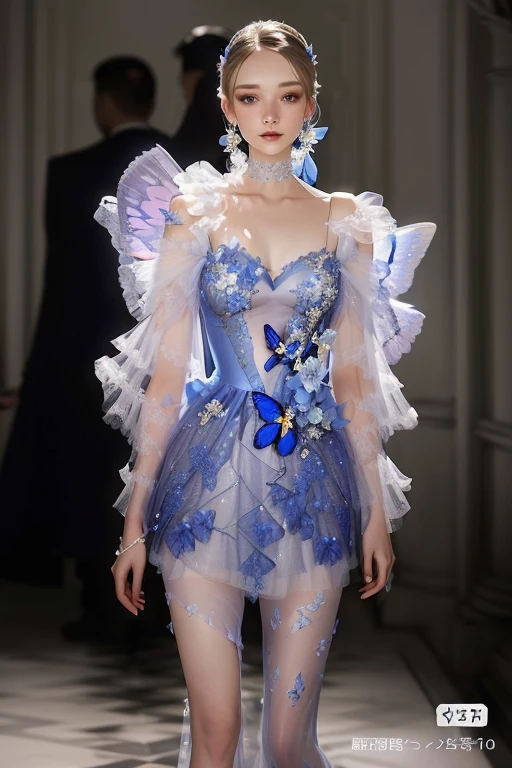 Wearing a blue dress、Woman with butterfly wings, High-end fashion, Dreamy dress, Translucent Fashion, Blue tulle。Hepburn iris!!!, alexander mcqueen High-end fashion,1.7Full body and half body,side,High resolution。