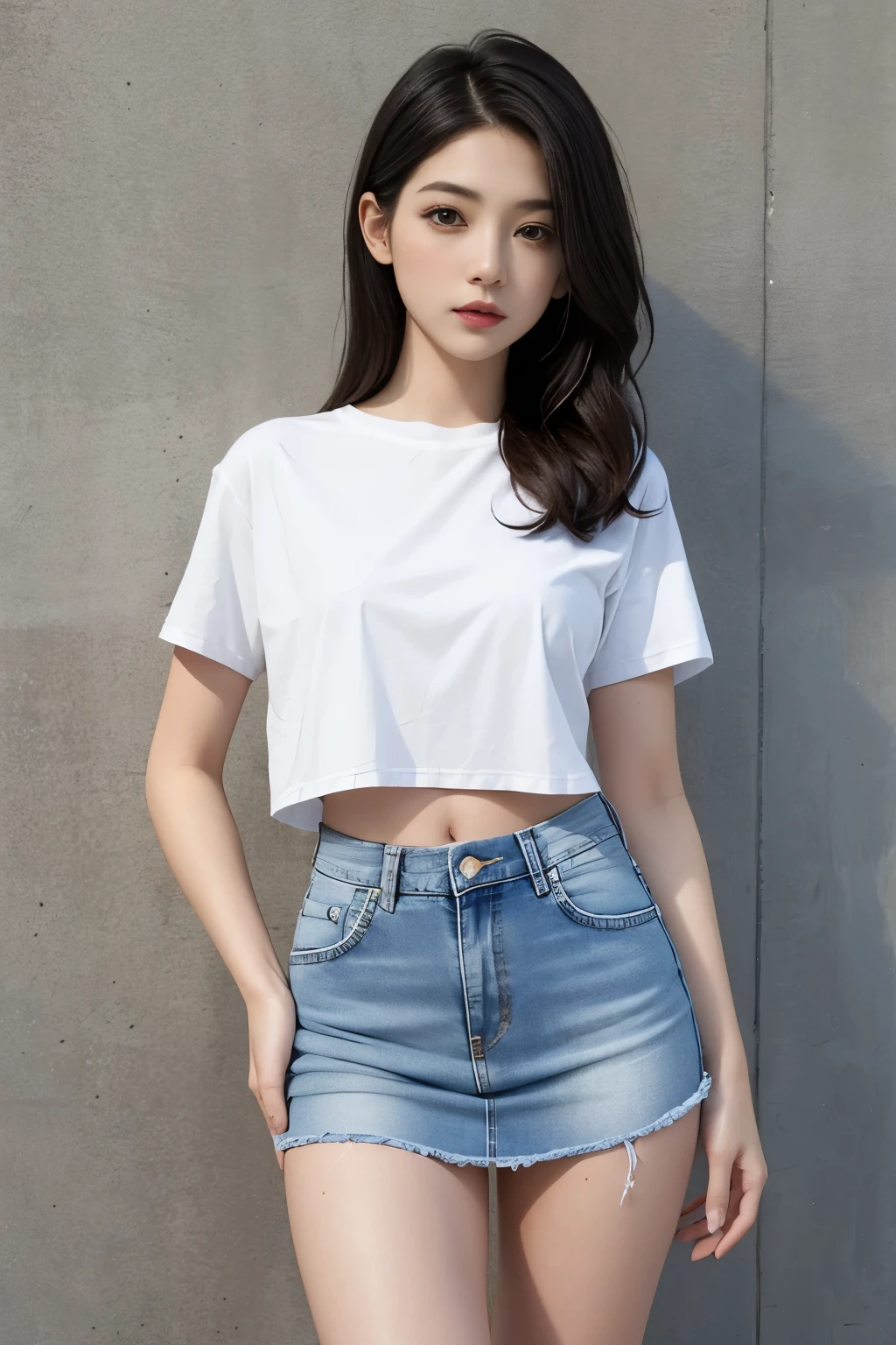 Girl in white good and tight denim skirt posing for photo, whole body, Cropped T-shirt, good, The body is slim, Small breasts, Slim Girl Model, 24 year old female model