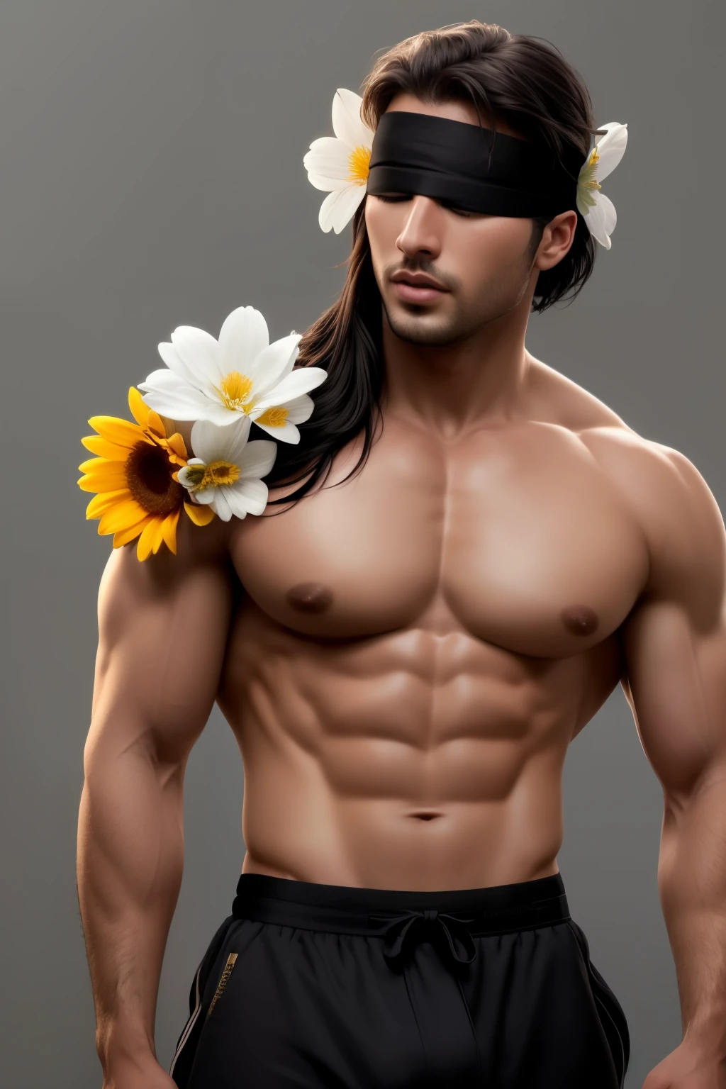 best quality,masterpiece,Ultra high detail,A handsome muscular man,Short black hair,topless,(Flowers on the shoulder), With flowers in his black micro thong, flowers covered around his head, eyes are closed, covered, eyes are blindfolded with black cloth, realistic,Grey background,Yellow and white flowers,