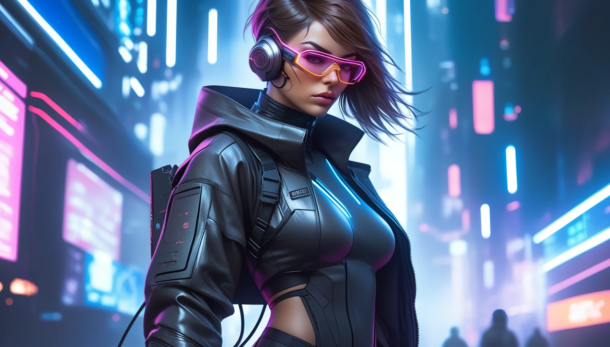 Techwear fashion in the style of artgerm, Cyberpunk Style, 1woman, Velma, cyberpunk clothing, female focus, cyberpunk background, robot, science fiction, solo, full body, wires and cables, . Futuristic, cyberpunk, urban, tactical, sleek, dark, highly detailed