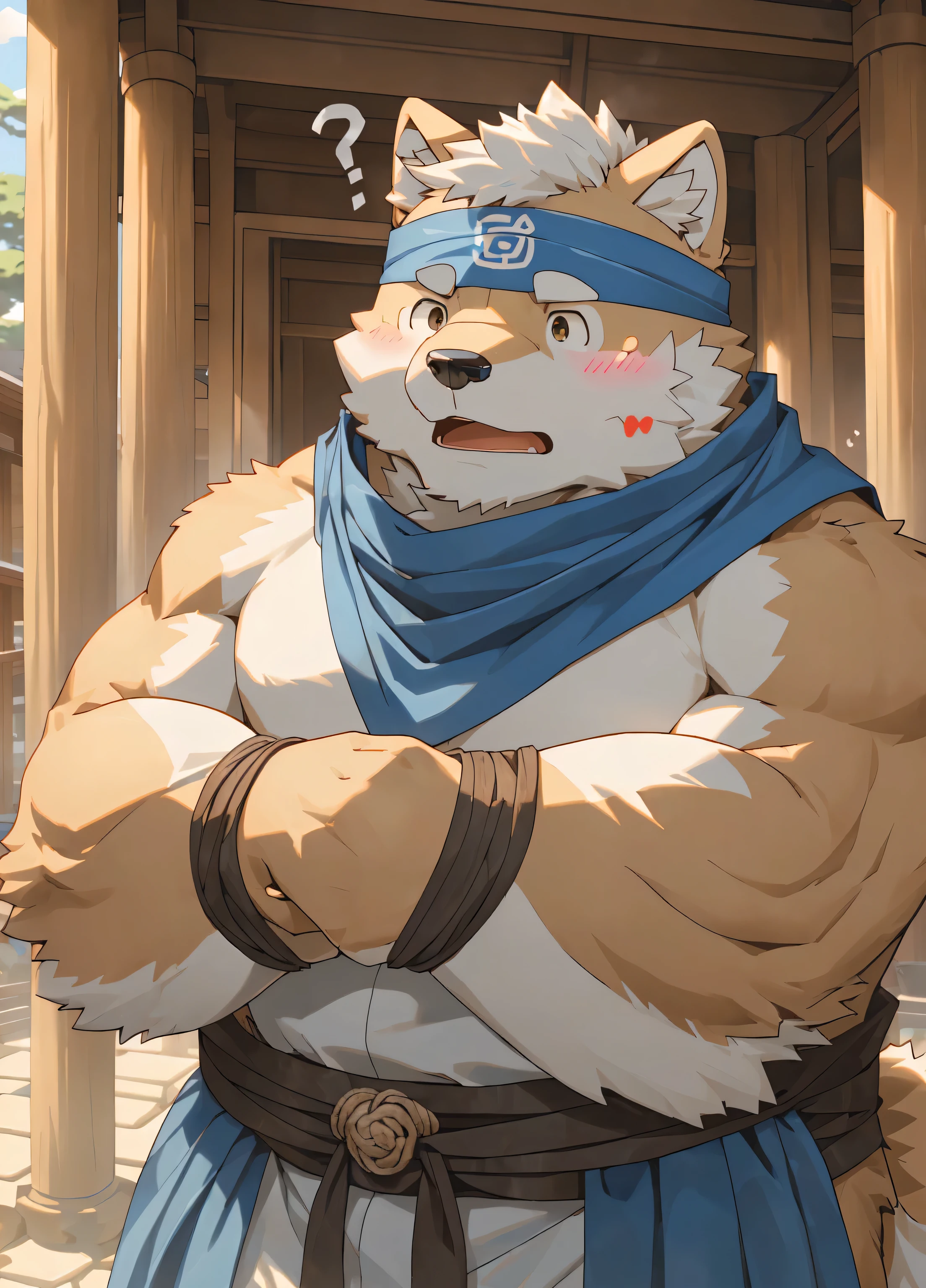 (masterpiece)，(Very detailed)，(best quality)，hairy，Shiba Inu，fur，white hair，Gray pupil，(Japan samurai attire)，((blue scarf))，((Brown Headband))，(question mark)，(blush:1.1)，((A puzzled expression))，Temple Background，8k，(high quality)，(Ultra HD)，(Super detailed)